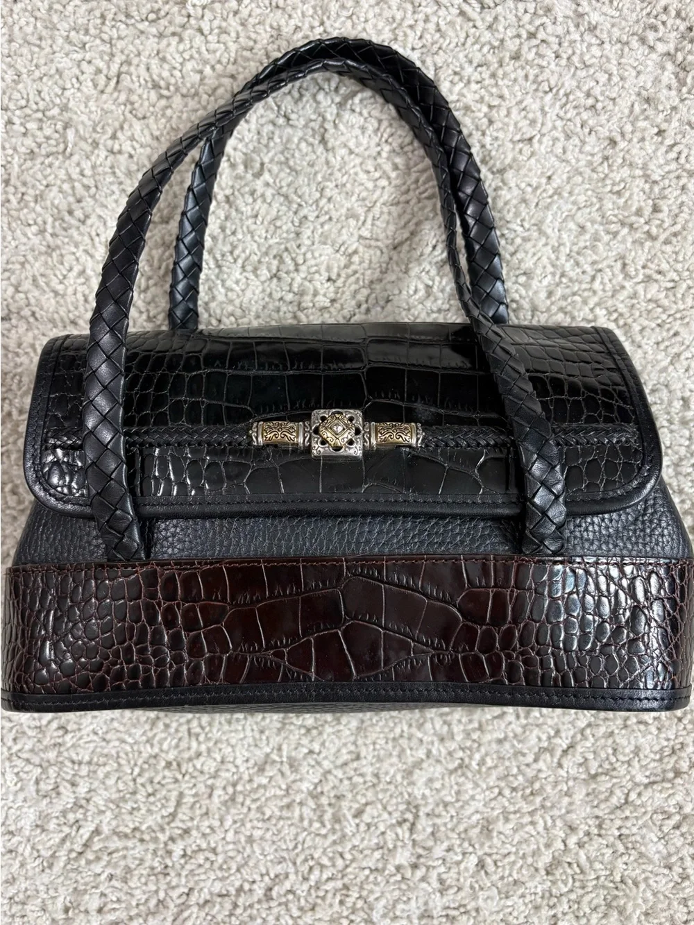 Brighton Black and Dark Brown Croc-Embossed Top-Handle Satchel